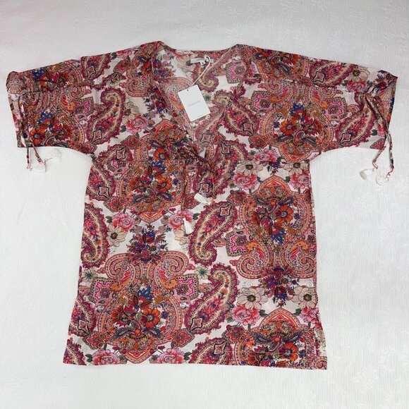 New ONDADEMAR Medium 100% Cotton Floral Paisley Resortwear Deep-V Top/Blouse - Picture 2 of 7
